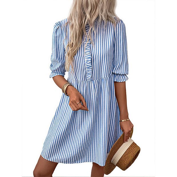 Womens Striped Dress Blue White Vertical Stripes Ruffle Collar Puff Sleeve  Casual Short Summer Dress