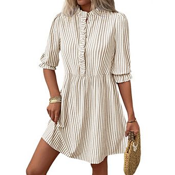 Womens Striped Dress Blue White Vertical Stripes Ruffle Collar Puff Sleeve Casual Short Summer Dress