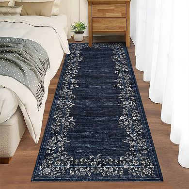 Floral Borderd Machine Washable Rug with Rubber Backing Stain Resistant Thin Carpet