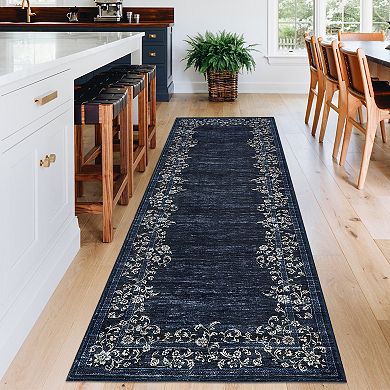 Floral Borderd Machine Washable Rug with Rubber Backing Stain Resistant Thin Carpet