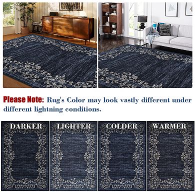 Floral Borderd Machine Washable Rug with Rubber Backing Stain Resistant Thin Carpet
