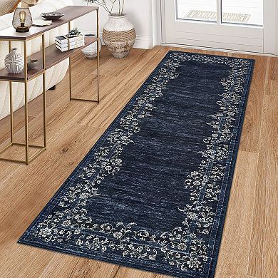 Floral Borderd Machine Washable Rug with Rubber Backing Stain Resistant Thin Carpet
