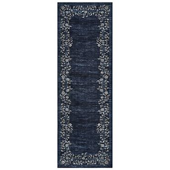 Floral Borderd Machine Washable Rug with Rubber Backing Stain Resistant Thin Carpet
