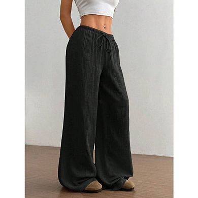 Women's Casual Loose Drawstring Pants Fashion Low-Rise Linen Wide-Leg Pants