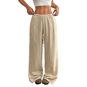 Women's Casual Loose Drawstring Pants Fashion Low-Rise Linen Wide-Leg Pants