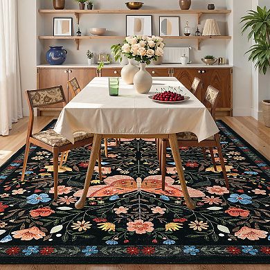 Floral Butterfly Machine Washable Rug Farmhouse Non-Slip Stain-Resistant Ultra-Soft Low Pile Carpet