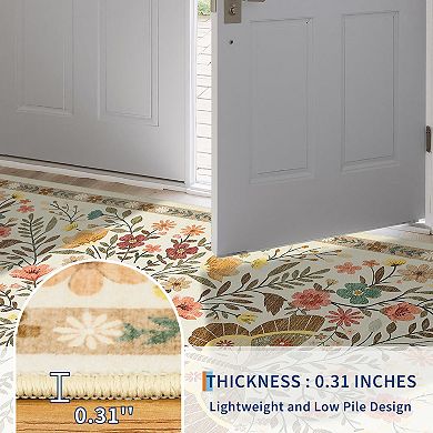 Floral Butterfly Machine Washable Rug Farmhouse Non-Slip Stain-Resistant Ultra-Soft Low Pile Carpet