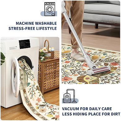 Floral Butterfly Machine Washable Rug Farmhouse Non-Slip Stain-Resistant Ultra-Soft Low Pile Carpet