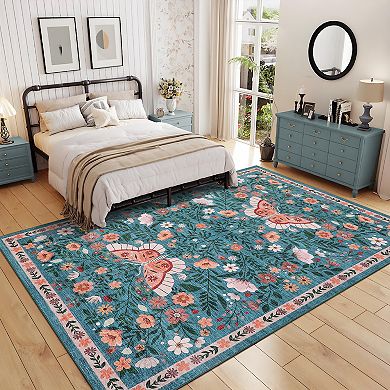 Floral Butterfly Machine Washable Rug Farmhouse Non-Slip Stain-Resistant Ultra-Soft Low Pile Carpet