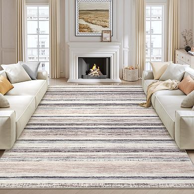 Modern Striped Washable Rugs Stain Resistant Throw Carpet With Non-Slip Backing for Living Room