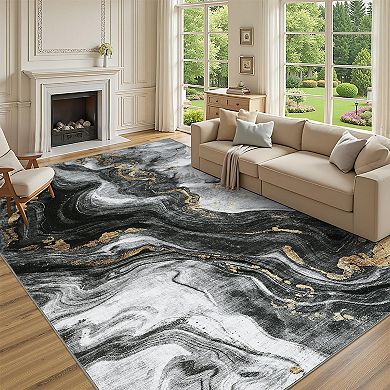 Modern Abstract Washable Area Rugs for Living Room Low Pile Non-Slip Soft Stain Resistant Rug