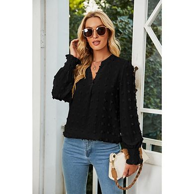 Womens V Neck Casual Tops Long Sleeve Swiss Dot Dressy Office Work Fall Shirt Chiffon Blouse