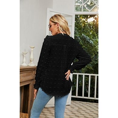 Womens V Neck Casual Tops Long Sleeve Swiss Dot Dressy Office Work Fall Shirt Chiffon Blouse