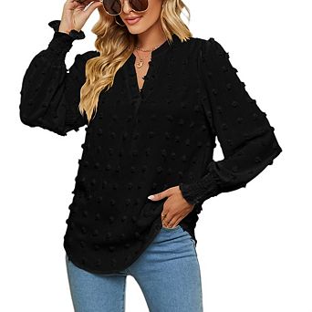 Womens V Neck Casual Tops Long Sleeve Swiss Dot Dressy Office Work Fall Shirt Chiffon Blouse