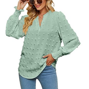 Womens V Neck Casual Tops Long Sleeve Swiss Dot Dressy Office Work Fall Shirt Chiffon Blouse