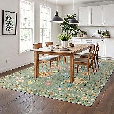 Floral Machine Washable Area Rugs Non-Slip Farmhouse Non-Shedding Low Pile Carpet