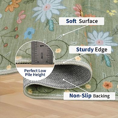 Floral Machine Washable Area Rugs Non-Slip Farmhouse Non-Shedding Low Pile Carpet