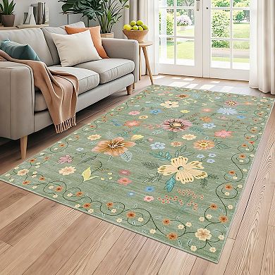 Floral Machine Washable Area Rugs Non-Slip Farmhouse Non-Shedding Low Pile Carpet