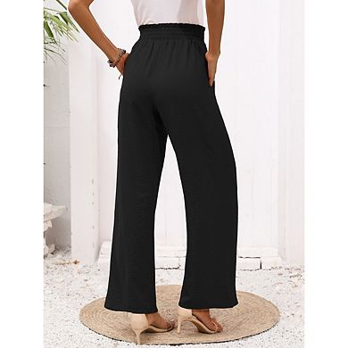 Women's Wide Leg Lounge Pants Lightweight High Waisted Adjustable Tie Loose Fit With Pockets