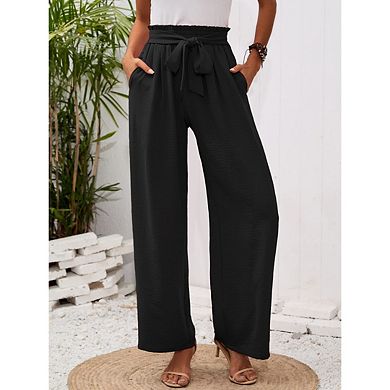 Women's Wide Leg Lounge Pants Lightweight High Waisted Adjustable Tie Loose Fit With Pockets
