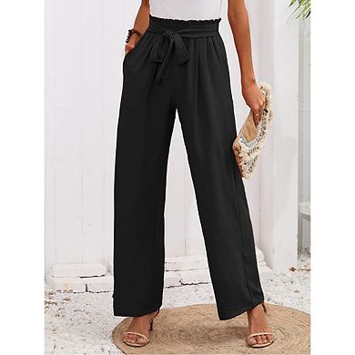 Women's Wide Leg Lounge Pants Lightweight High Waisted Adjustable Tie Loose Fit With Pockets