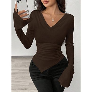 Women's Long Sleeve Cowl Neck Shirts Slim Fit Going Out Y2k Tops Blouses Outfits