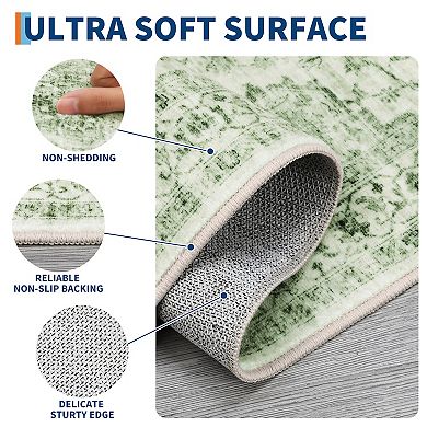 Vintage Washable Rug with Non Slip Rubber Backing, Oriental Floral Accent Carpet