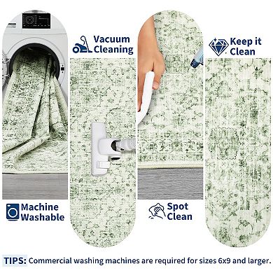 Vintage Washable Rug with Non Slip Rubber Backing, Oriental Floral Accent Carpet