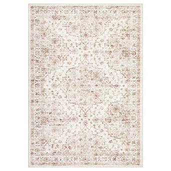 Vintage Washable Rug with Non Slip Rubber Backing, Oriental Floral Accent Carpet
