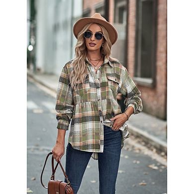 Womens Long Sleeve Plaid Shirts Oversize Collared Button Down Shackets Casual Boyfriend Blouses Tops