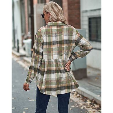 Womens Long Sleeve Plaid Shirts Oversize Collared Button Down Shackets Casual Boyfriend Blouses Tops