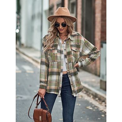 Womens Long Sleeve Plaid Shirts Oversize Collared Button Down Shackets Casual Boyfriend Blouses Tops