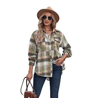 Womens Long Sleeve Plaid Shirts Oversize Collared Button Down Shackets Casual Boyfriend Blouses Tops