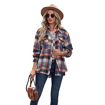 Womens Long Sleeve Plaid Shirts Oversize Collared Button Down Shackets Casual Boyfriend Blouses Tops