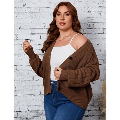 Women's Plus Size Knit Cardigan Sweaters Fashion V Neck Cardigan Long Sleeve Button Sweater