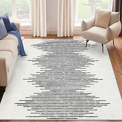 Machine Washable Area Rug Modern Minimalistic Striped Low Pile Rug Stripe Geometric Foldable Carpet