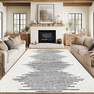 Machine Washable Area Rug Modern Minimalistic Striped Low Pile Rug Stripe Geometric Foldable Carpet