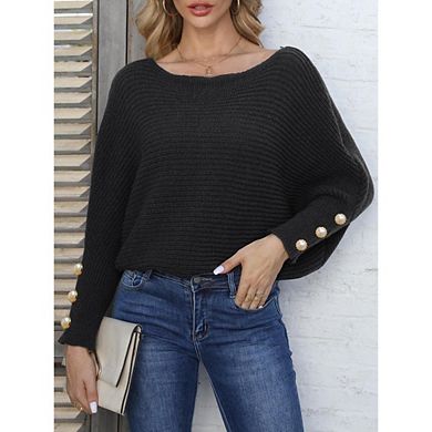 Womens Maternity Pullover Sweaters Batwing Long Sleeve Crewneck Casual Loose Knit Tops with Buttons
