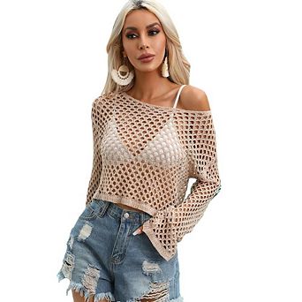 Womens Fishnet Crochet Crop Top Long Sleeve See Through Hollow OutMesh Bikini Cover Ups Beach
