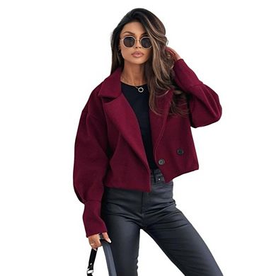 Womens Cropped Coat Fall Notch Lapel Double Breasted Trench Jacket Long Sleeve Casual Dressy Blazer