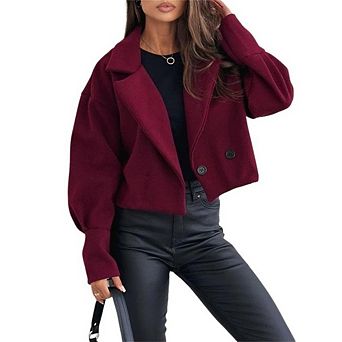 Womens Cropped Coat Fall Notch Lapel Double Breasted Trench Jacket Long Sleeve Casual Dressy Blazer