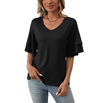 Women's Short Sleeve Blouse Ruffled Half Sleeve V Neck Textured Top Elegant Daily Blouse