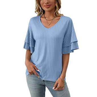 Women's Short Sleeve Blouse Ruffled Half Sleeve V Neck Textured Top Elegant Daily Blouse