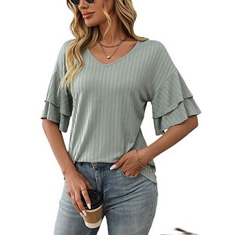 Women's Short Sleeve Blouse Ruffled Half Sleeve V Neck Textured Top Elegant Daily Blouse