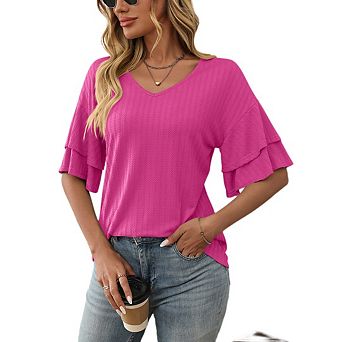 Women's Short Sleeve Blouse Ruffled Half Sleeve V Neck Textured Top Elegant Daily Blouse