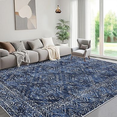 Modern Diamond Pattern Machine Washable Rug with Non Slip Backing Stain Resistant Foldable Carpet