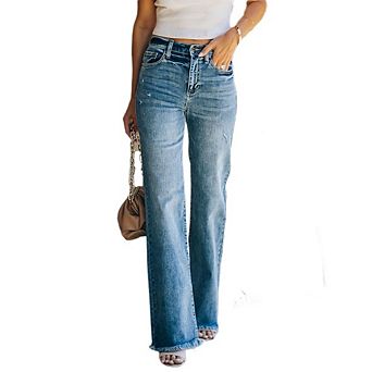 Womens Mid Rise Jeans Causal Distressed Baggy Straight Leg Raw Hem Denim Pants Loose Fit