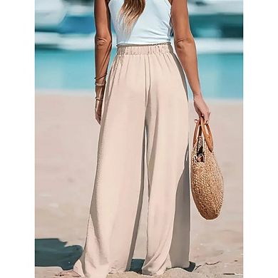 Women Wide Leg Palazzo Pants Summer High Waist Flowy Casual Trousers Loose Beach Travel Vacation