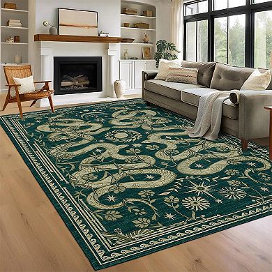 Snake Machine Washable Rug with Non-Slip Backing, Soft Low Pile Stain Resistant Ultra-Thin Carpet