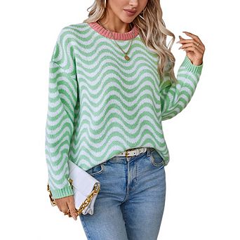 Women's Long Sleeve Crew Neck Sweater Wave Pattern Pullover Sweater Casual Winter Knit